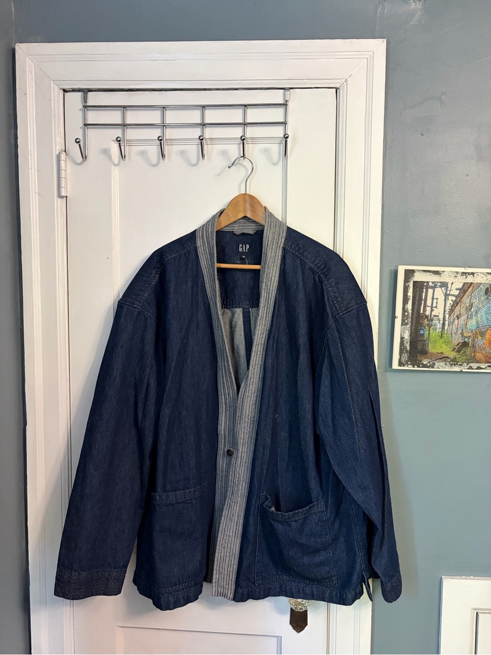 GAP Navy Denim Jacket with Gray Shawl Collar